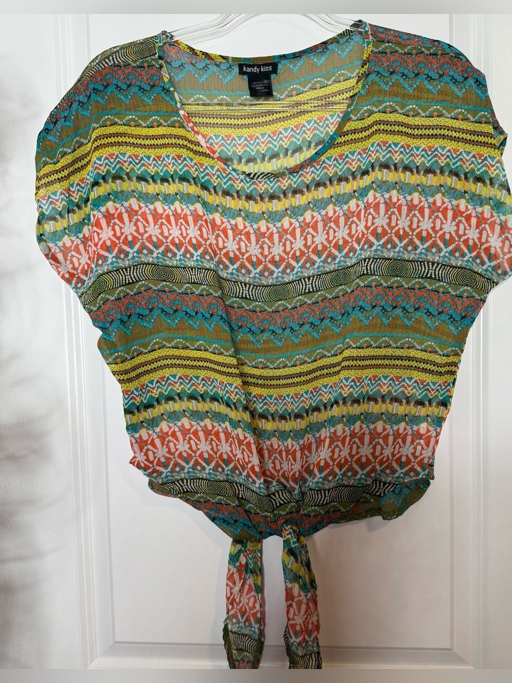 Kandy Kiss Multicolor Tie-Front Crop Top in Coral, Teal & Olive sheer fall sz xs